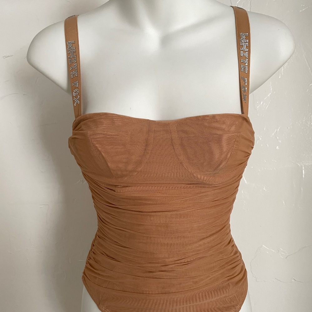 NWT WHITE FOX Nude HIGH ROLLER Rhinestone Illusion LACE BODYSUIT Size XS